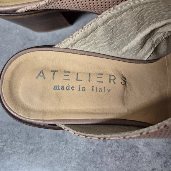 39 Ateliers Beige Perforated Leather Pointy Toe Slip On Mules Shoes - Picture 6 of 8